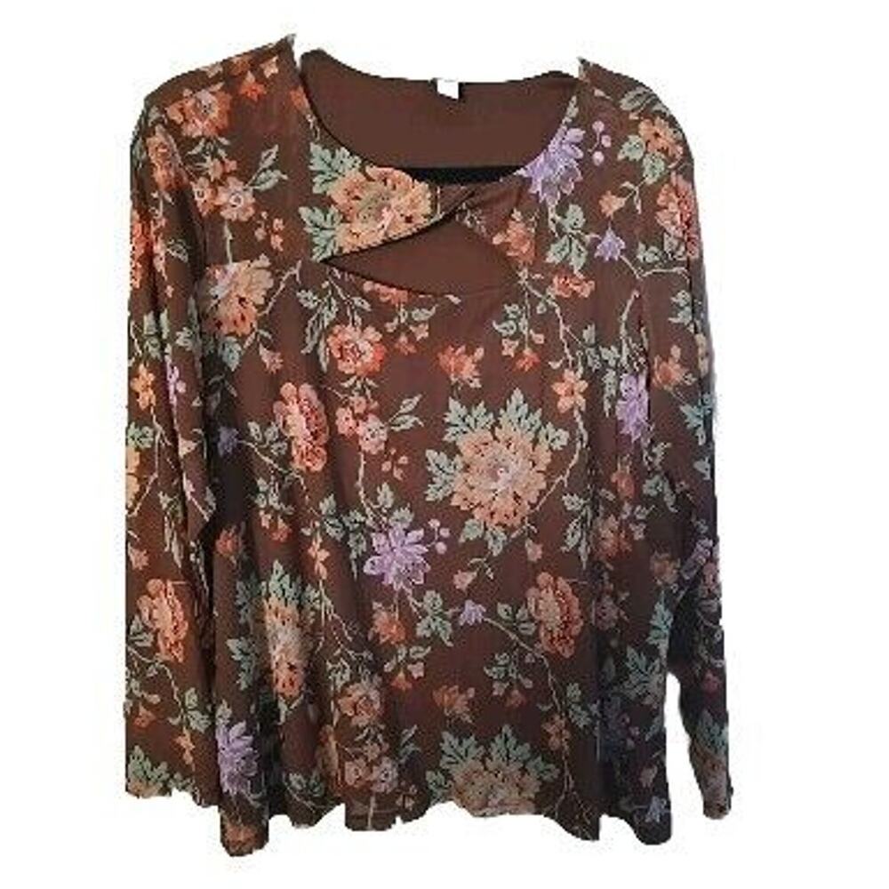 Cato Brown‎ Floral Print Front Keyhole Long Sleeve Top Womans Plus Size 18/20W